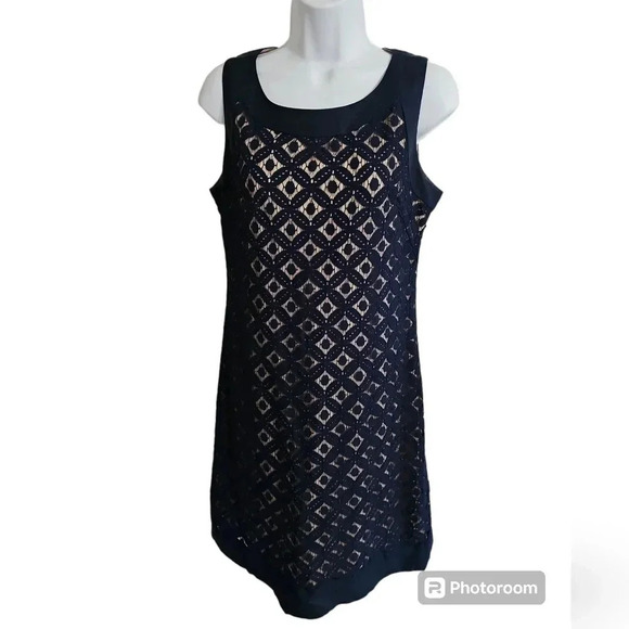 Sharagano Size 6 Navy Gold Diamond Mod Cocktail Shift Dress Retro Glam Luxe - Picture 2 of 8